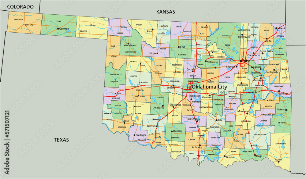 Oklahoma - Highly detailed editable political map with labeling. Stock ...