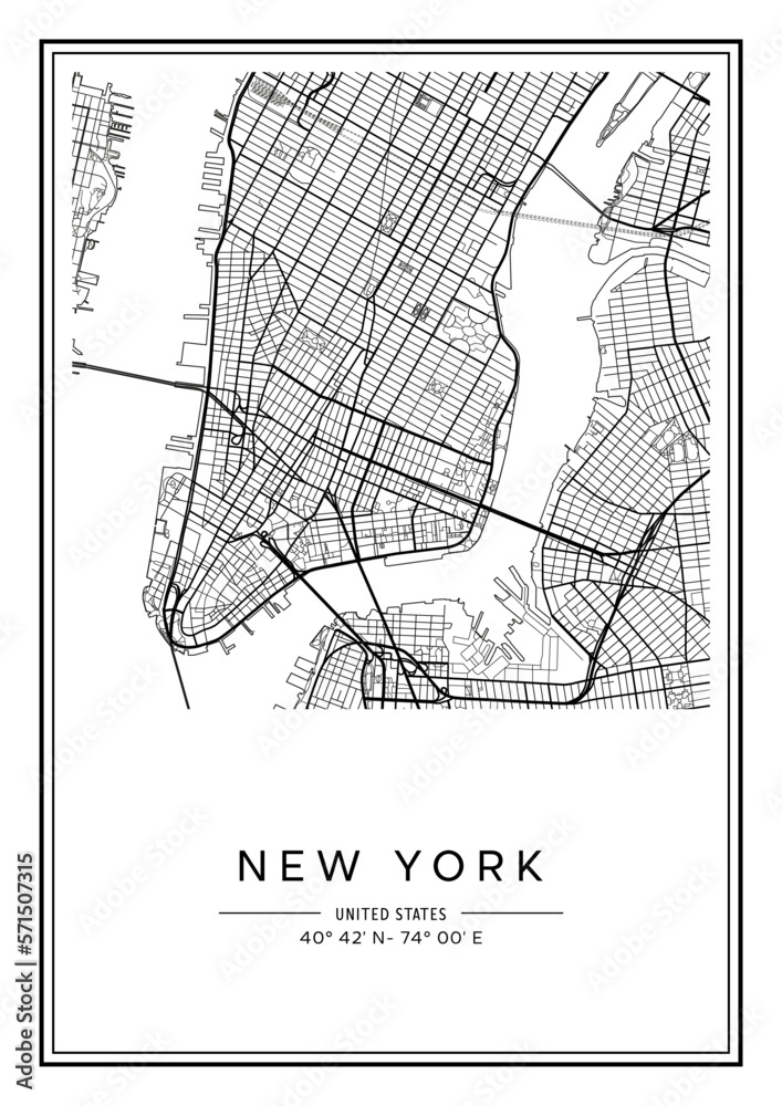 Black and white printable New York city map, poster design, vector
