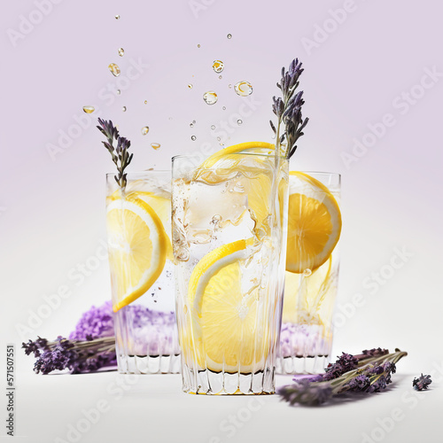 Splash of three glasses lavender lemonade with lemon on purple background, Detox water. Summer refreshing drink, AI Generative.