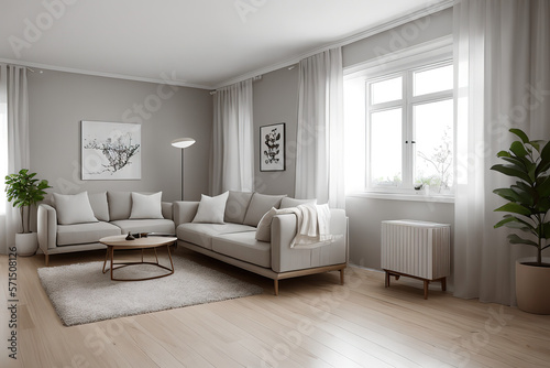 A minimalist living room with simple furniture, neutral colors, and soft lighting, emphasizing a calm, peaceful mood-up