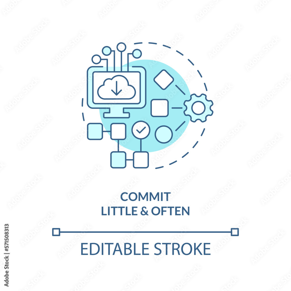 Commit little and often turquoise concept icon. Source code management best practice abstract idea thin line illustration. Isolated outline drawing. Editable stroke. Arial, Myriad Pro-Bold fonts used Commit little and often turquoise concept icon. Source code management best practice abstract idea thin line illustration. Isolated outline drawing. Editable stroke. Arial, Myriad Pro-Bold fonts used