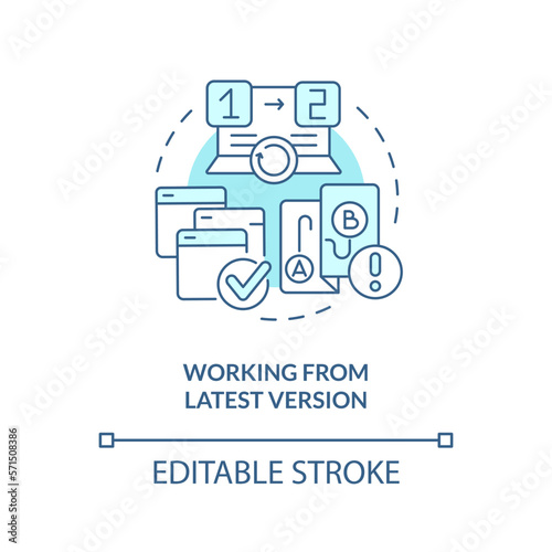 Working from latest version turquoise concept icon. Source code management practice abstract idea thin line illustration. Isolated outline drawing. Editable stroke. Arial, Myriad Pro-Bold fonts used