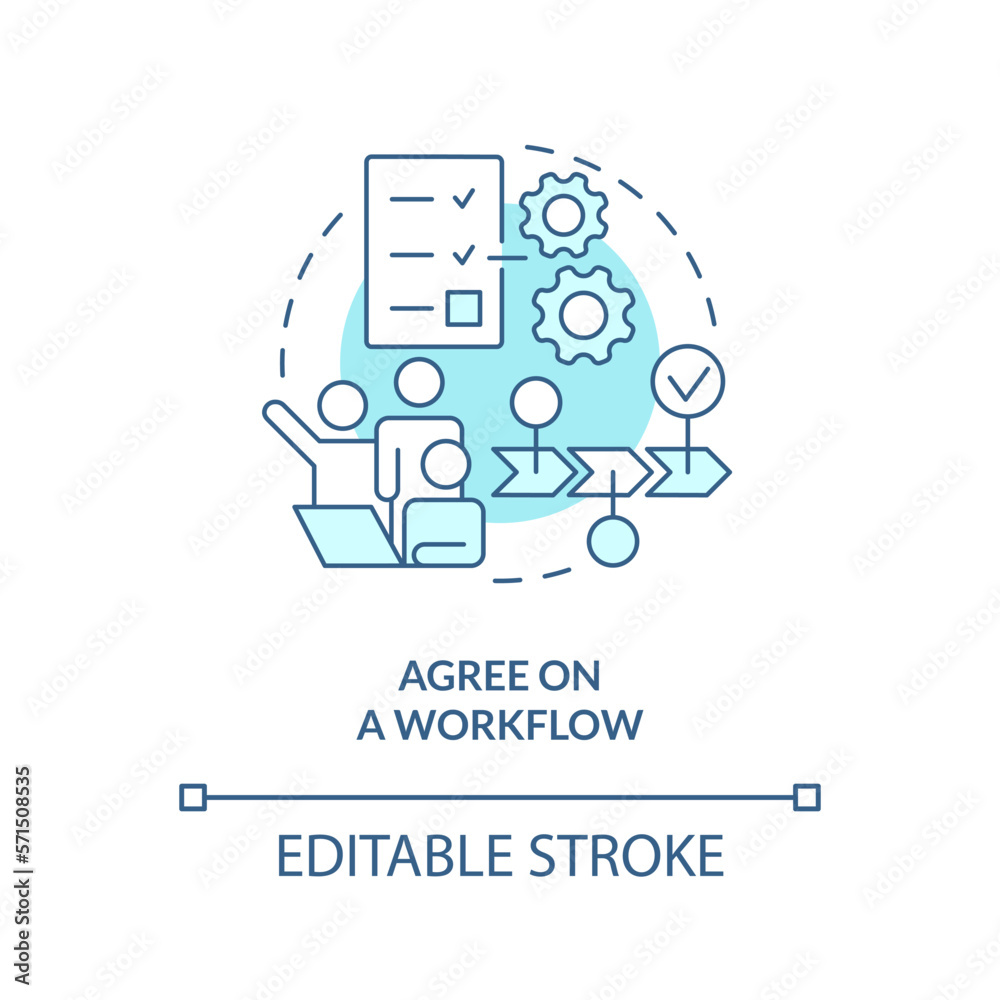 Agree on workflow turquoise concept icon. Source code management best practice abstract idea thin line illustration. Isolated outline drawing. Editable stroke. Arial, Myriad Pro-Bold fonts used