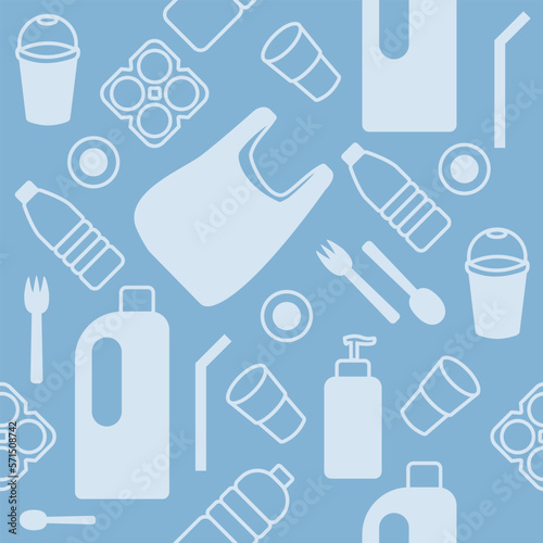 Seamless pattern with plastic objects. Plastic recycle background.
