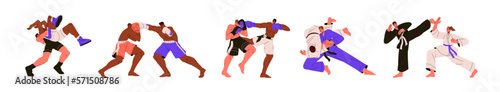 Martial arts set. Athletes wrestling, fighting. Boxing, judo, karate, Muay Thai, Greco-Roman fighters, wrestlers in battle, grapple, competition. Flat vector illustrations isolated on white background © Paper Trident