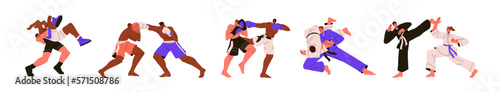 Martial arts set. Athletes wrestling, fighting. Boxing, judo, karate, Muay Thai, Greco-Roman fighters, wrestlers in battle, grapple, competition. Flat vector illustrations isolated on white background