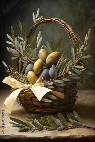 Easter eggs basket decorated with olive branches; easter holiday, ai generated 