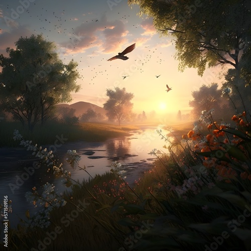 landscape river birds and flowers