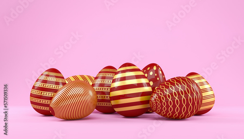 3d render of 8 red and gold easter eggs on pink background. - Vacation background