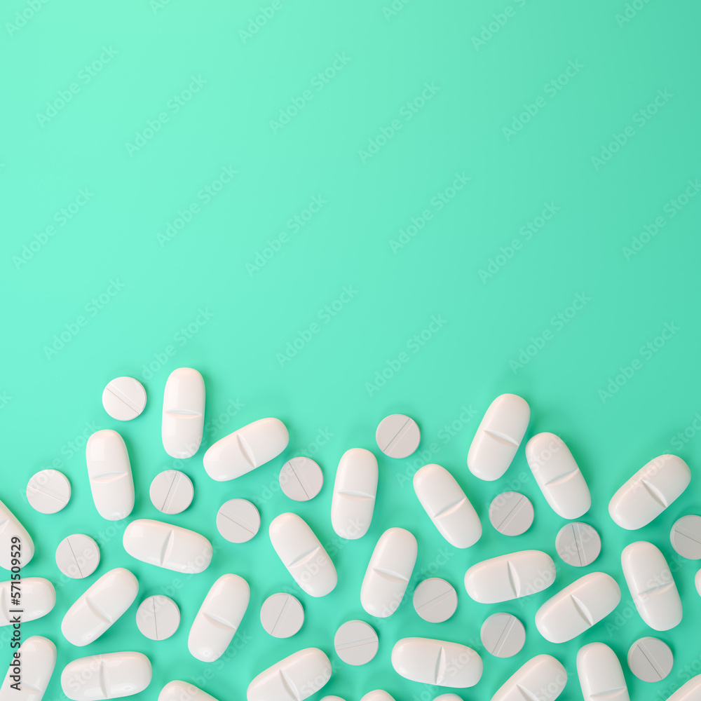 3d render of white tablets, pills - medicine on green background.