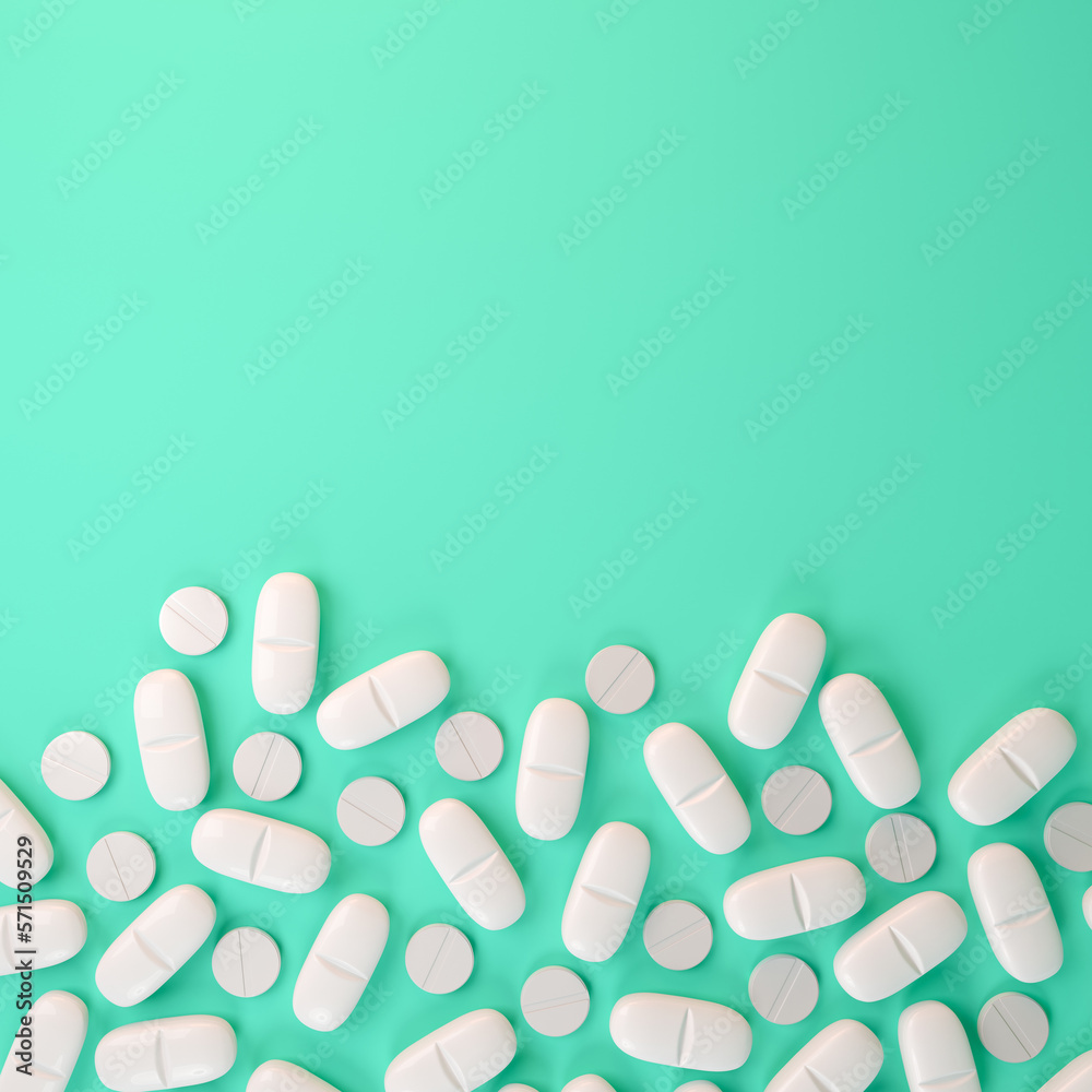 3d render of white tablets, pills - medicine on green background. 3d render of white tablets, pills - medicine on green background.