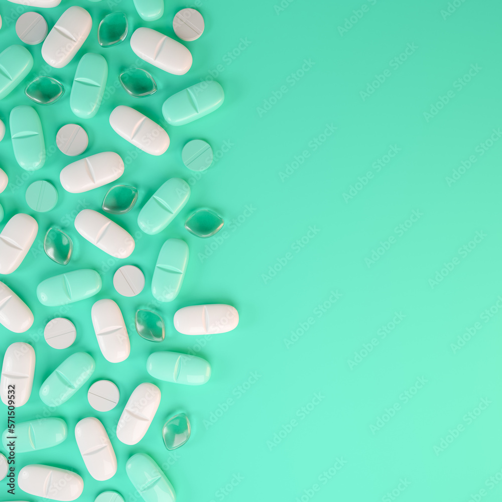 3d rendering of some green and white tablets, pills - Medicine on green background.