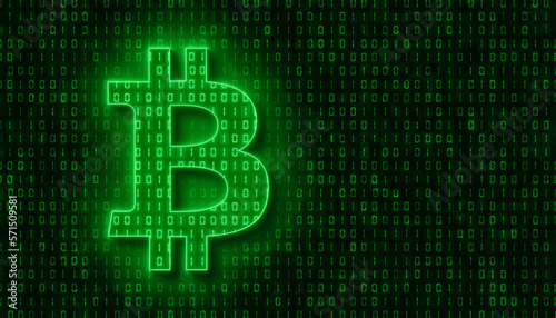 Illustation of bitcoin sign in light green and in the background in dark green a coding of binary code. - abstract background