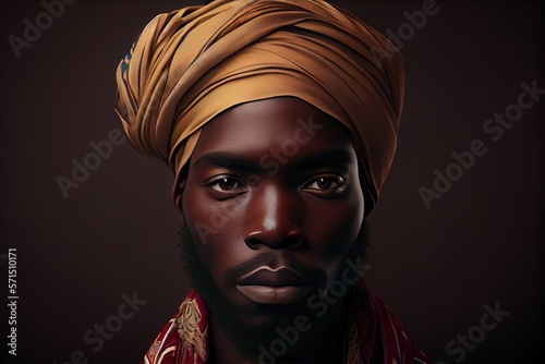 Generative AI illustration of mixed race man wearing traditional turban looking at camera against dark background