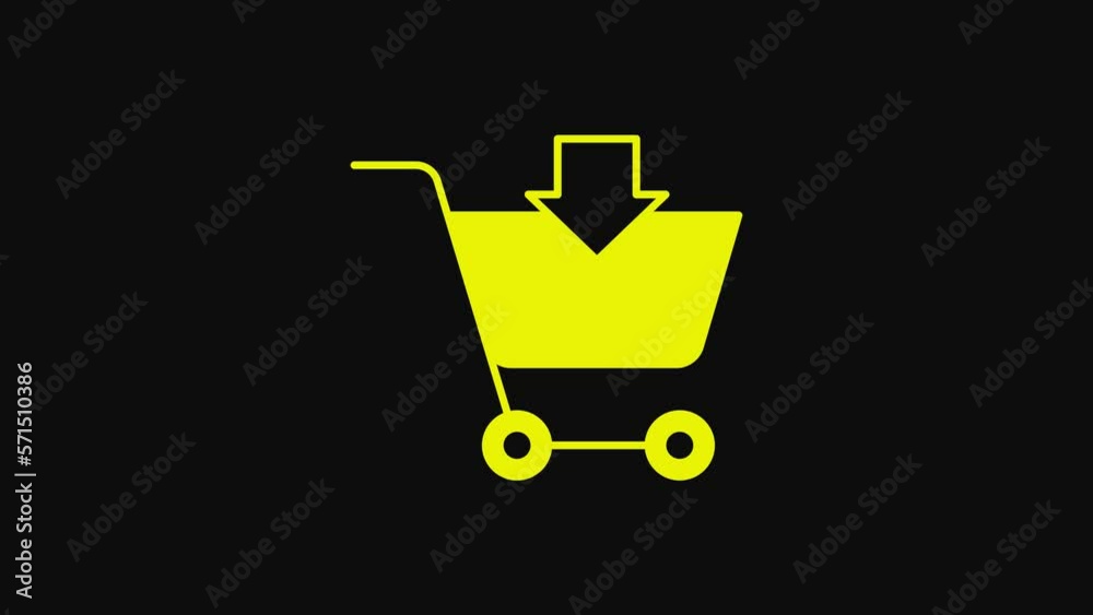 Yellow Add to Shopping cart icon isolated on black background. Online buying concept. Delivery service sign. Supermarket basket symbol. 4K Video motion graphic animation Yellow Add to Shopping cart icon isolated on black background. Online buying concept. Delivery service sign. Supermarket basket symbol. 4K Video motion graphic animation