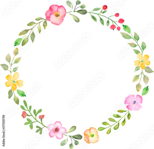 Watercolor floral round wreath with flowers and leaves. Flowers hand drawn illustration. Vector EPS.