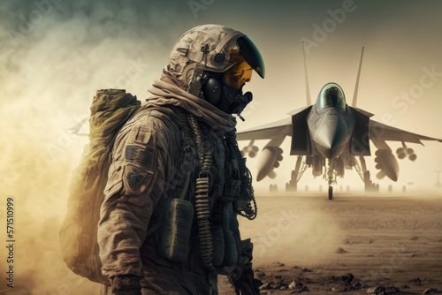 Futuristic soldier in dessert in front of a big jet in a sandy smoky background. Generative AI