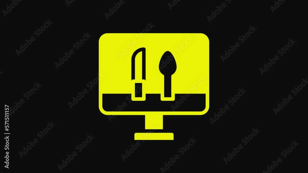 Yellow Online ordering and fast food delivery icon isolated on black background. 4K Video motion graphic animation Yellow Online ordering and fast food delivery icon isolated on black background. 4K Video motion graphic animation
