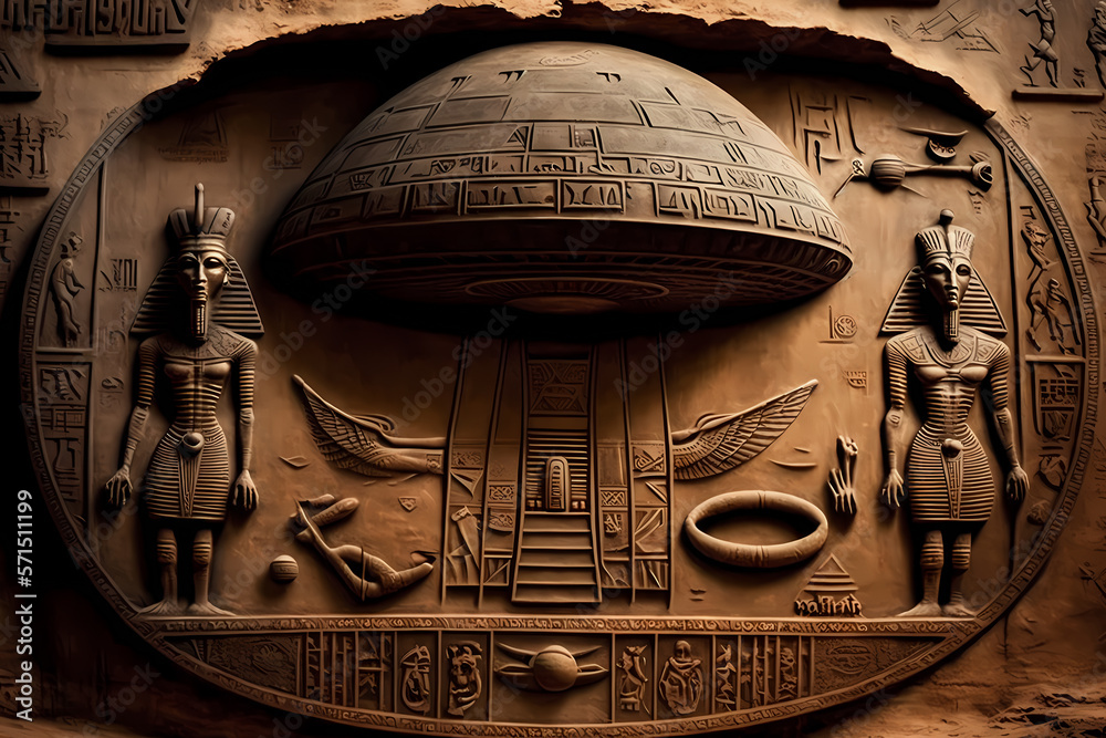 Old Egyptian hieroglyphs with UFO Aliens on ancient background. Concept ...
