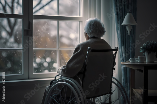 Fototapeta Back view Lonely sad elderly person in wheelchair in home nursing looking out window