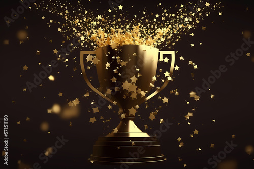 Champion golden trophy with splash of gold stars on dark background, copy space. Concept winner award. Generation AI