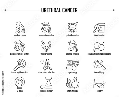 Urethral Cancer symptoms, diagnostic and treatment vector icon set. Line editable medical icons. photo