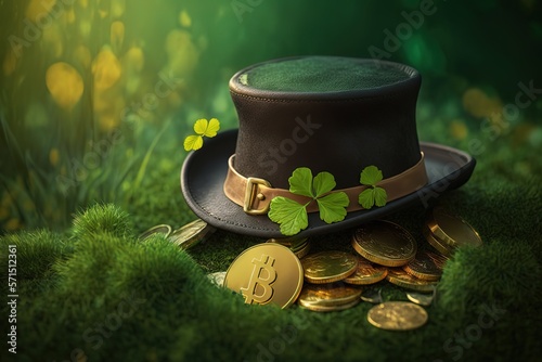 Pot of gold coins, hat and clover leaves on green grass, space for text. St. Patrick`s Day celebration