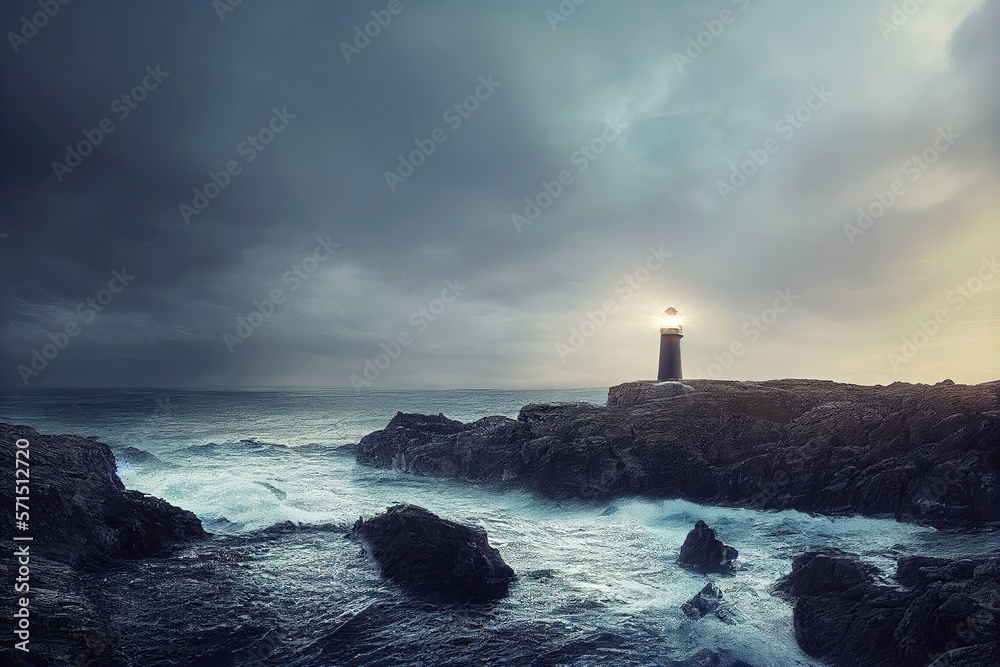 Beautiful lighthouse on cliff in stormy weather (Generative AI)
