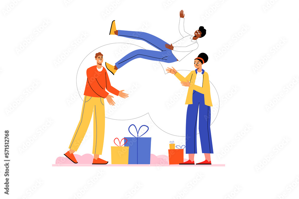 Congratulation icons concept with people scene in the flat cartoon style. Friends are congratulates the boy who is celebrating his birthday. Congratulation icons concept with people scene in the flat cartoon style. Friends are congratulates the boy who is celebrating his birthday.