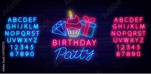 Birthday party neon signboard. Present, diamond and cupcake. Light event advertising. Vector stock illustration