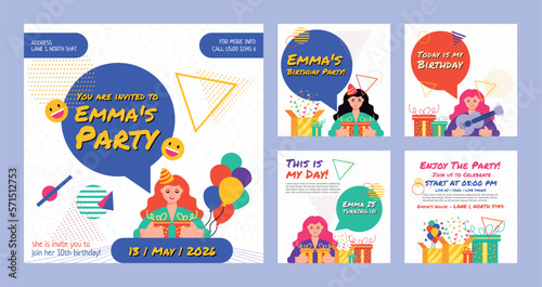 5 Posts collection for birthday celebration. Happy birthday greeting card and party invitation Social Media templates, vector illustration.