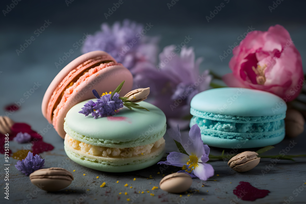 Sweet and beautiful macaroons of flower flavour. Flower flavour dessert food photography made with Generative AI Sweet and beautiful macaroons of flower flavour. Flower flavour dessert food photography made with Generative AI