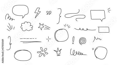 Sketch underline, emphasis, arrow shape set. Hand drawn brush stroke, highlight, speech bubble, underline, sparkle element. Vector illustration.