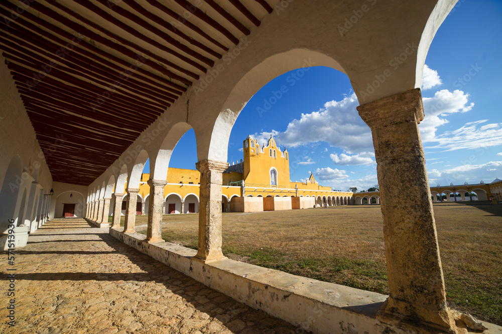 arches of the yellow monastery of izamal mexico