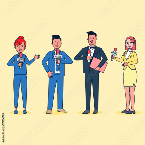 Cartoon style. Set of television journalist  reporting the news in cartoon character vector