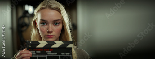 Obraz na plátně Movie actress audition portrait with clapperboard, young caucasian blond woman looking at camera, horizontal copy space