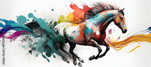 Sport horse gallop race colorful splash horizontal banner on white background. Generative AI illustration