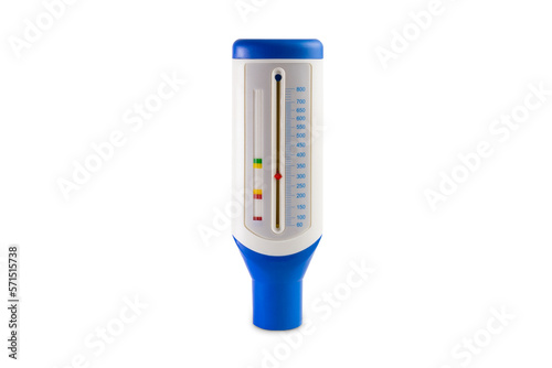 Peak flow meter medical equipment, isolated white background.