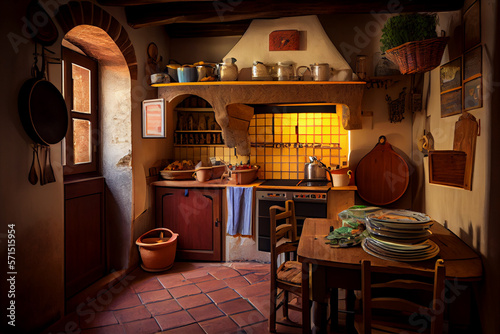 Interior of a typical Italian kitchen in a private house. AI generated.