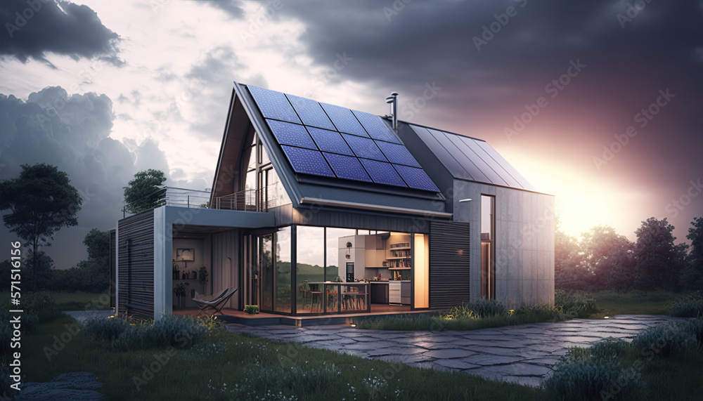 Obraz premium House with solar panels on the roof. Sustainable and clean energy at home. Generative AI