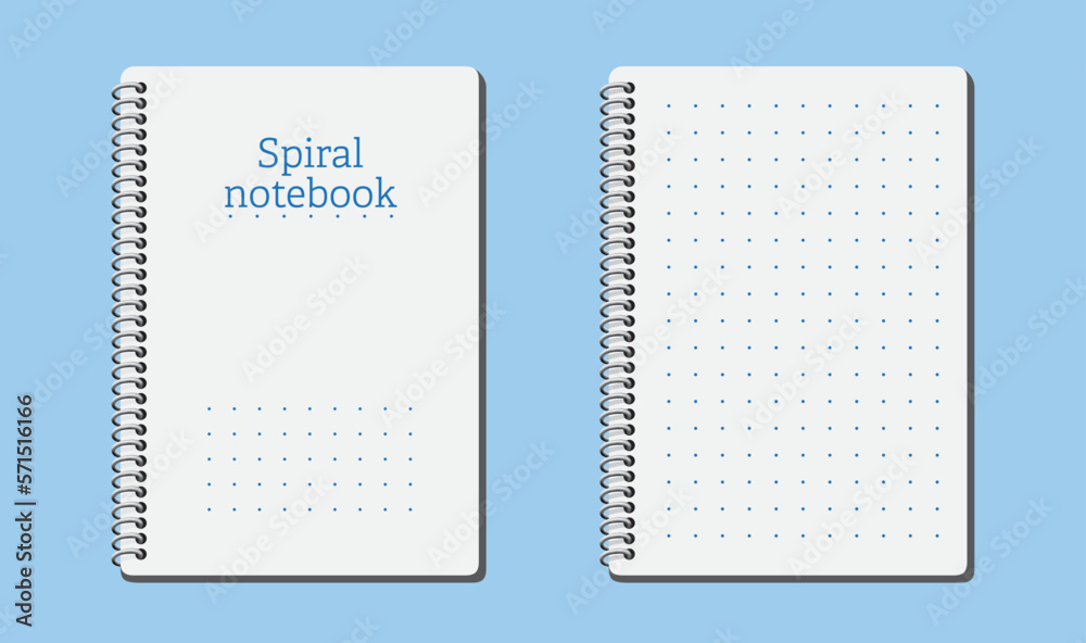 Spiral notebook 3d dotted empty paper blank page notepad with cover vector illustration. White blue colored notebook page background to use for education, business, school projects.