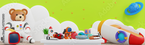 Baby kid room wall rocket planet space adventure, doll and toy, Template Horizontal Banner header Website, 3D render.