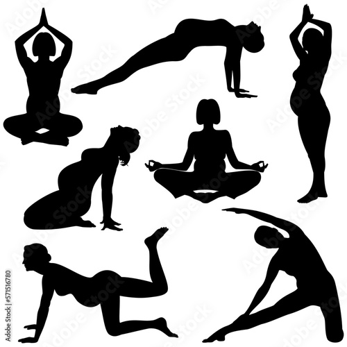 vector silhouette of a woman doing yoga and sitting in various poses