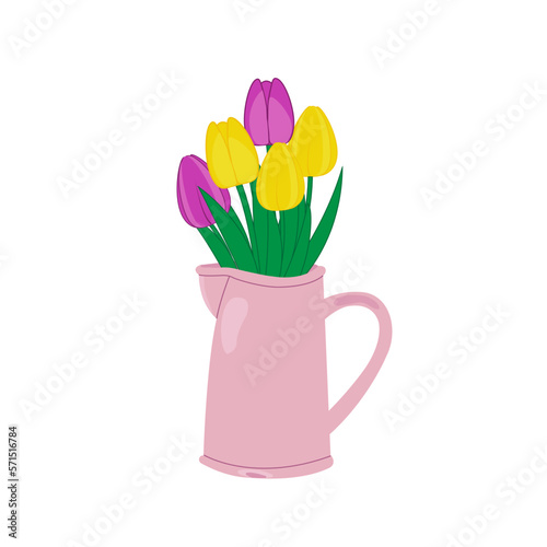 Bouquet of yellow and purple tulips with green leaves in a pink water jug close-up, isolated on a white and transparent background. Element for creating a background for a postcard, invitation, banner