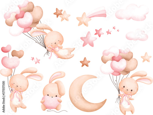 Watercolor Illustration set of cute rabbit and balloons
