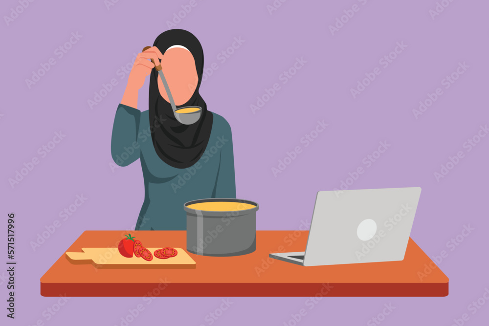Graphic flat design drawing Arab housewife mixing tomato sauce, tasting, relish meal with wooden spatula. Prepare food at kitchen while watching tutorial on laptop. Cartoon style vector illustration