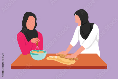 Cartoon flat style drawing two beautiful Arabian woman making cookie dough using rolling pin at cozy kitchen table. Friends making bakery and homemade pizza at home. Graphic design vector illustration