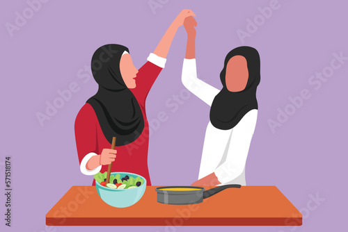 Character flat drawing two beauty Arab woman singing and dancing with fresh salad on bowl, frying pan and spatula in hand while cooking together in kitchen at home. Cartoon design vector illustration
