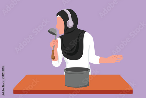 Graphic flat design drawing beauty Arabian woman begin prepare family dinner while singing like rock star with kitchenware and overjoyed music playlist. Fun cooking. Cartoon style vector illustration