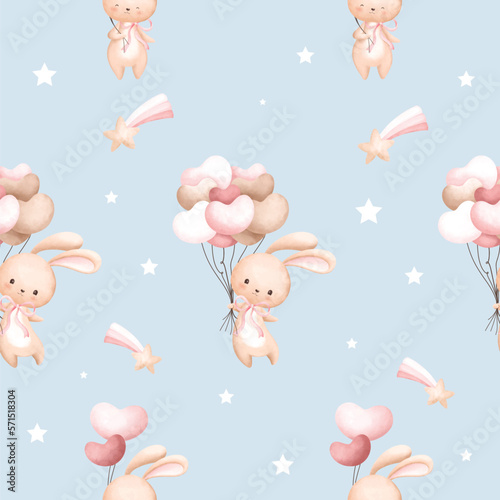 Seamless pattern background. Rabbit and balloon. Watercolor illustration. Design for paper, fabric, child’s room